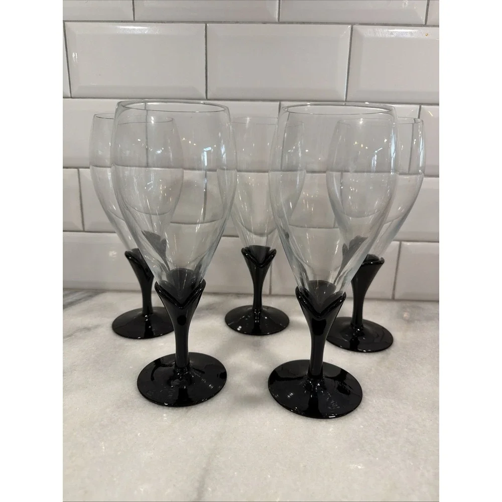 Set Of 5 Rare Vintage Mikasa Alexandra Black Stemware Goblet Glass/Iced Tea 995